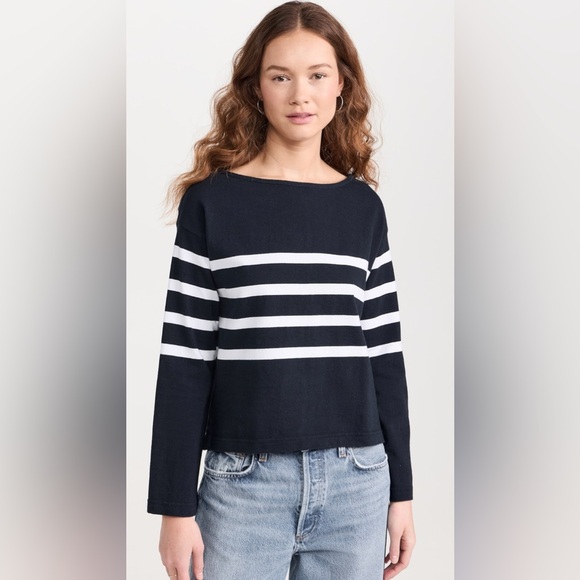 Faherty Tops - Faherty Women's Sport Jersey Boatneck Striped Long Sleeve Top - Navy and White